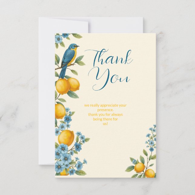 Tarjeta De Agradecimiento Ducha de limón rústico y pino azul de novia (Anverso)