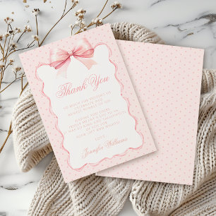 Tarjeta De Agradecimiento Ducha de niña bebé con lazo rosa y lunares