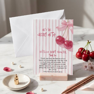 Tarjeta De Agradecimiento Ducha de Niña Retro Rosa Cereza Rojo Lazo