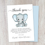 Tarjeta De Agradecimiento Ducha de niño pequeño elefante lindo<br><div class="desc">Cuta tarjeta de agradecimiento a la ducha de bebé con "gracias" en un elegante guión gris con toallitas y una acuarela azul pastel de elefante de bebé. Personaliza tu mensaje de agradecimiento y agrega tu(s) nombre(s) en un script de firma,  o deja en blanco una nota manuscrita.</div>