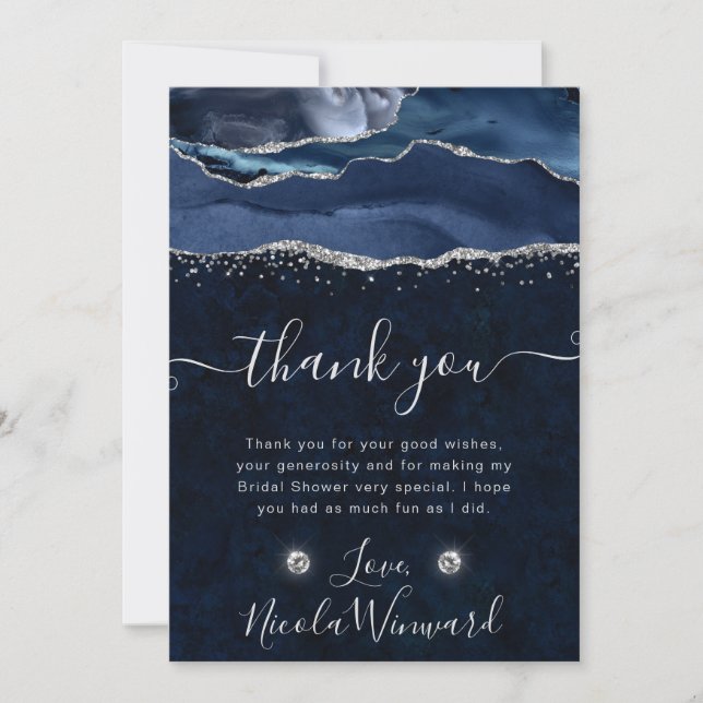 Tarjeta De Agradecimiento Ducha de Novia Agata Brillante Azul y Plateado (Anverso)
