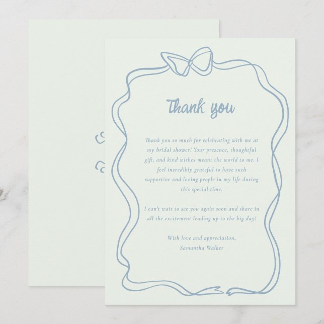 Tarjeta De Agradecimiento Ducha de novia azul preppy Bow Mint Green (Anverso / Reverso)