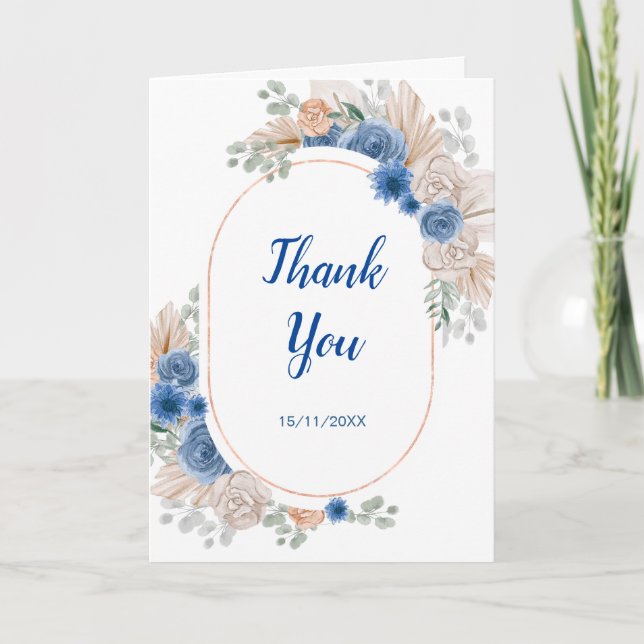 Tarjeta De Agradecimiento Ducha de Novia Boho Azul con Hierba de Pampas (Anverso)