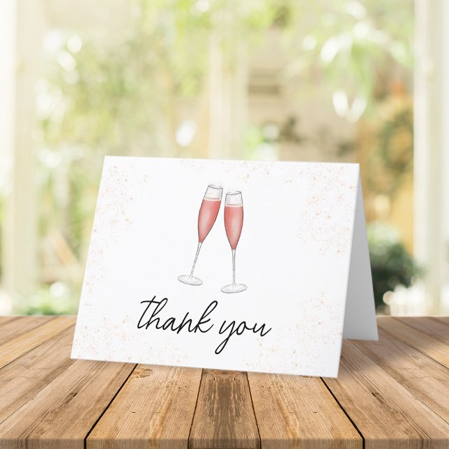 Tarjeta De Agradecimiento Ducha de novia caligrafía rosa guión champán (Simple pink champagne toasting flutes thank you card)