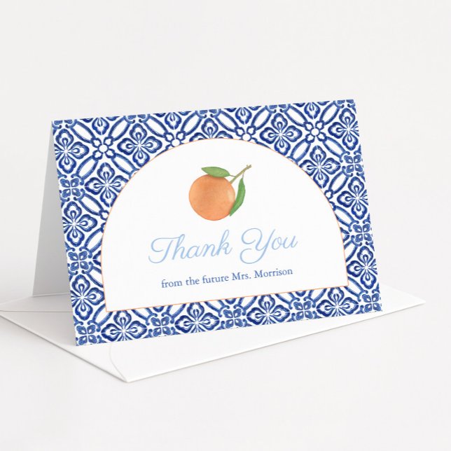 Tarjeta De Agradecimiento Ducha de Novia Citrus con Azulejos Azules de Arco  (Modern arch with antique blue and white Italian tiles & single orange wedding shower thank you cards)