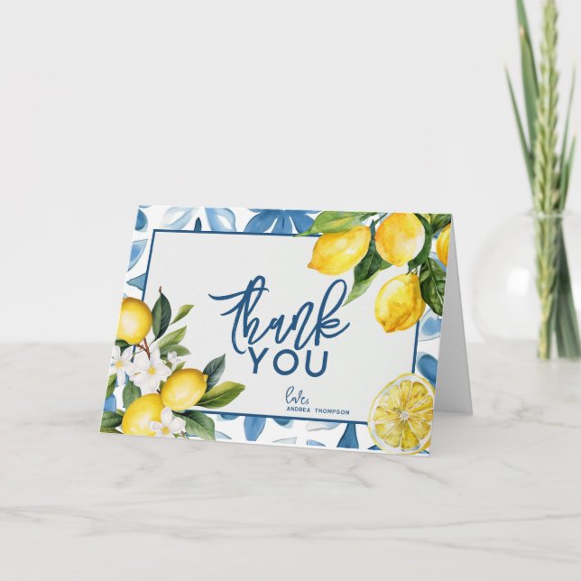 Tarjeta De Agradecimiento Ducha de Novia con Azulejos Mediterráneos de Limón (Anverso)