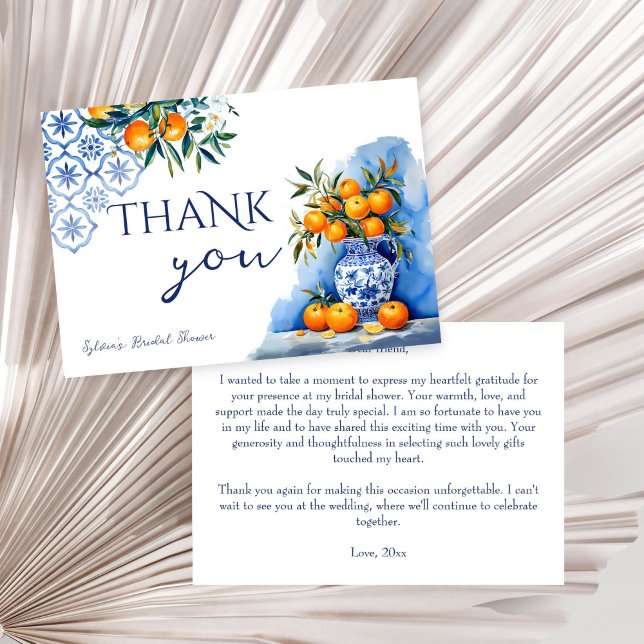Tarjeta De Agradecimiento Ducha de novia con cítricos de la chinoiserie azul (Talavera blue chinoiserie oranges citrus vintage Mexican Spanish bridal shower thank you card)