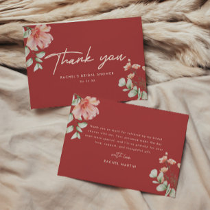 Tarjeta De Agradecimiento Ducha de Novia con Guión Floral Rojo de Vino Moder