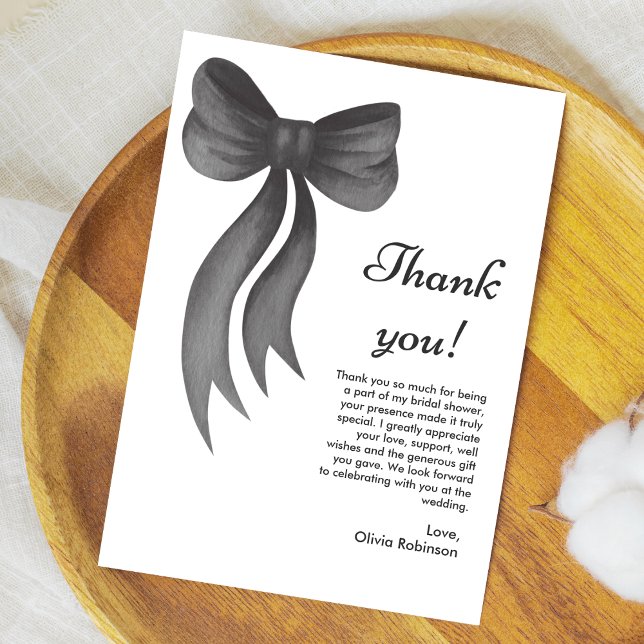 Tarjeta De Agradecimiento Ducha de novia con lazo negro Ella se casa  (Black Bow She's Tying the Knot Bridal Shower Thank You Card )