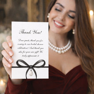 Tarjeta De Agradecimiento Ducha de Novia con Lazo Negro y Perla Estilo Old M