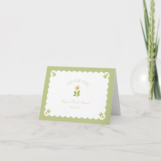 Tarjeta De Agradecimiento Ducha de Novia con Margaritas Verde Menta Elegante (Anverso)