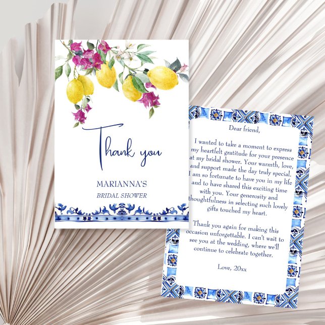 Tarjeta De Agradecimiento Ducha de novia de limones italianos buganvillea ci (Italian maiolica lemons bougainvillea citrus Mediterranian bridal shower wedding thank you card)