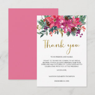 Tarjeta De Agradecimiento Ducha de Novia de Navidad Magenta Rosa Poinsettia