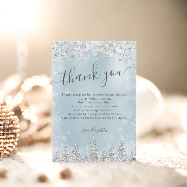 Tarjeta De Agradecimiento Ducha de novia de pino nevado azul hielo plateado (Silver ice blue snow pine winter bridal shower thank you card)