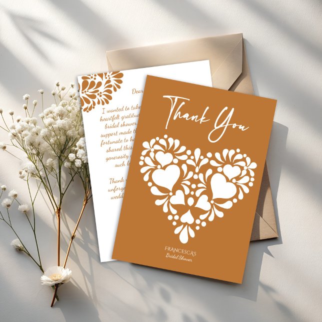 Tarjeta De Agradecimiento Ducha de novia de talavera mexicana terracota (Mexican talavera terracotta bridal shower thank you cards heart shaped talavera thank you cards)