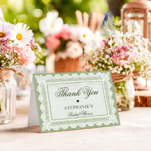 Tarjeta De Agradecimiento Ducha de Novia en Verde Salvia Vintage con Encaje 