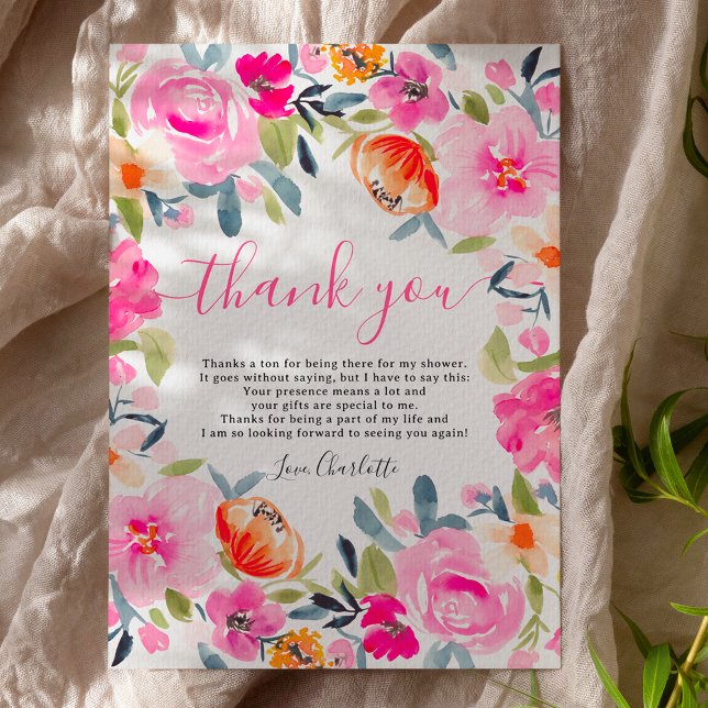 Tarjeta De Agradecimiento Ducha de novia floral audaz de Bohemia (Bohemian bold floral watercolor bridal shower thank you card on white)