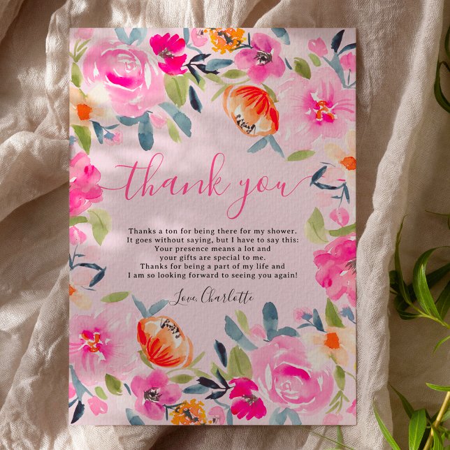 Tarjeta De Agradecimiento Ducha de novia floral audaz de Bohemia (Bohemian bold floral watercolor bridal shower thank you card on pink)
