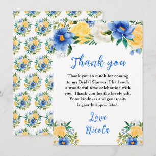 Tarjeta De Agradecimiento Ducha de Novia Floral Azul y Amarillo