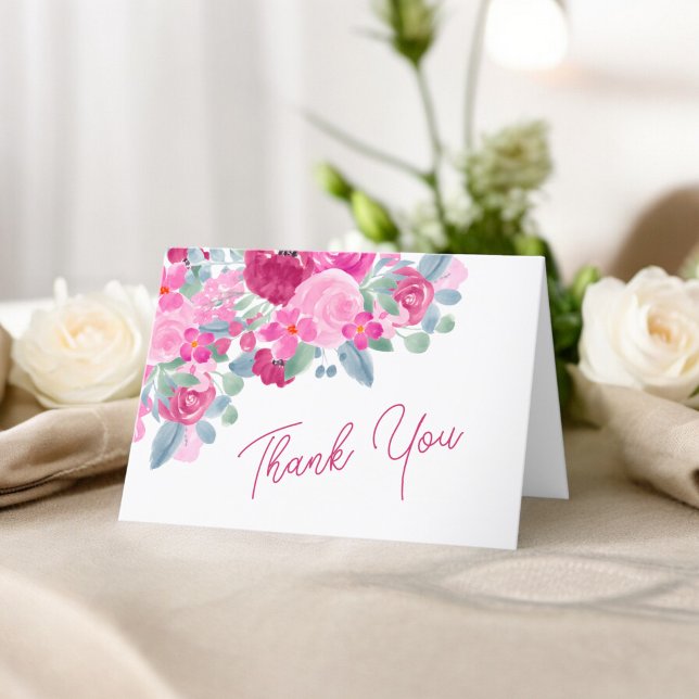 Tarjeta De Agradecimiento Ducha de novia floral de ciruela rosa negrita (Bold pink plum floral watercolor bridal shower thank you card)