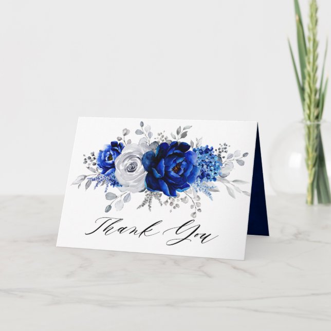 Tarjeta De Agradecimiento Ducha de novia floral floral de plata blanca azul  (Anverso)