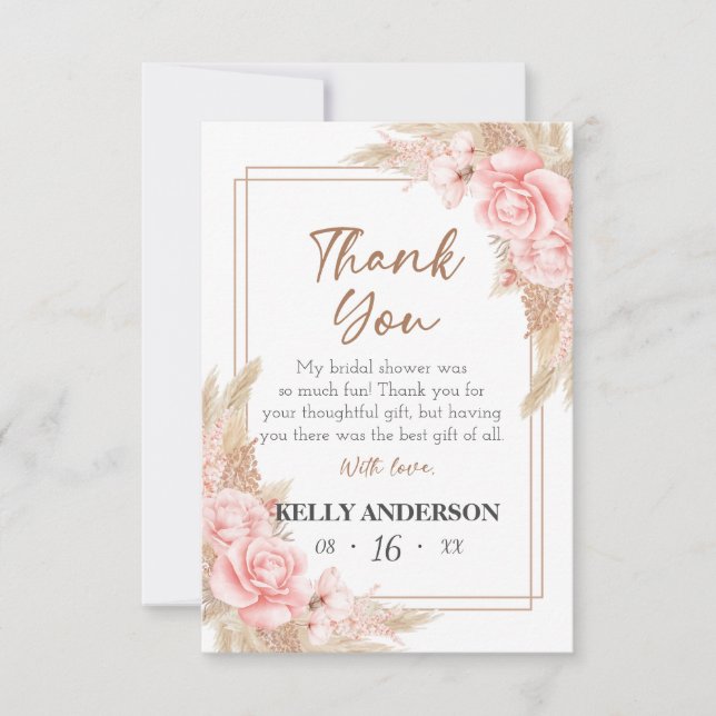 Tarjeta De Agradecimiento Ducha de Novia Geométrica Boho Pampas Rosa Dorado (Anverso)