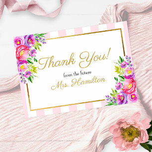 Tarjeta De Agradecimiento Ducha de Novia Gracias Rosa y Dorado Floral