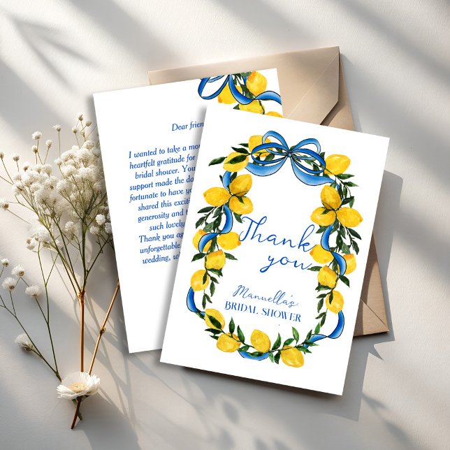 Tarjeta De Agradecimiento Ducha de novia italiana con limones y lazo azul (Lemons blue bow ribbon Italian bridal shower Thank You Cards retro bow and lemons thank you cards)