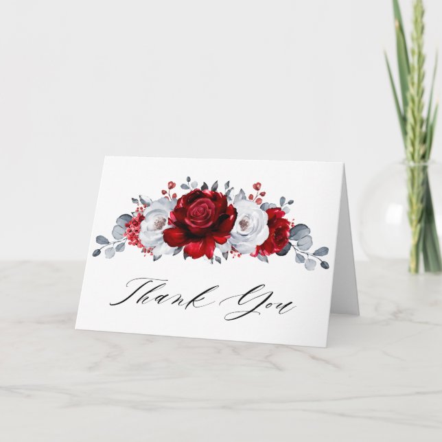 Tarjeta De Agradecimiento Ducha de novia metálica Royal Red White Silver (Anverso)