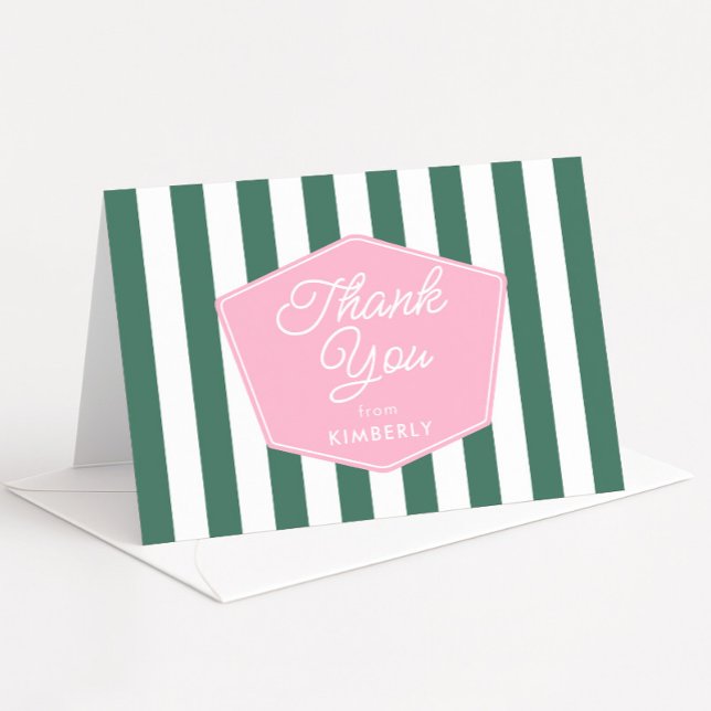 Tarjeta De Agradecimiento Ducha de Novia Retro Rosa y Verde de Palm Beach (Retro Pink And Green 1950s glamour vacation folding thank you card mockup)