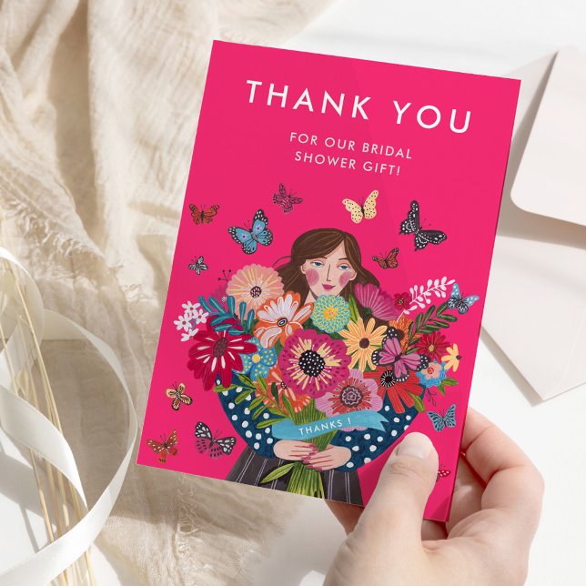 Tarjeta De Agradecimiento Ducha de novia rosa brillante (Trendy Bright Pink Bridal Shower Thank You Card)