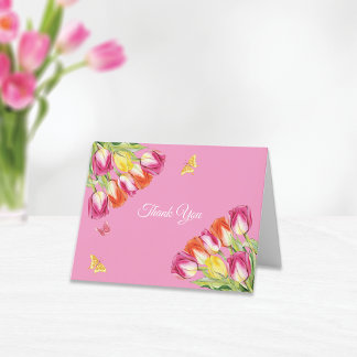 Tarjeta De Agradecimiento Ducha de Novia Tulipanes y Mariposas Rosas   