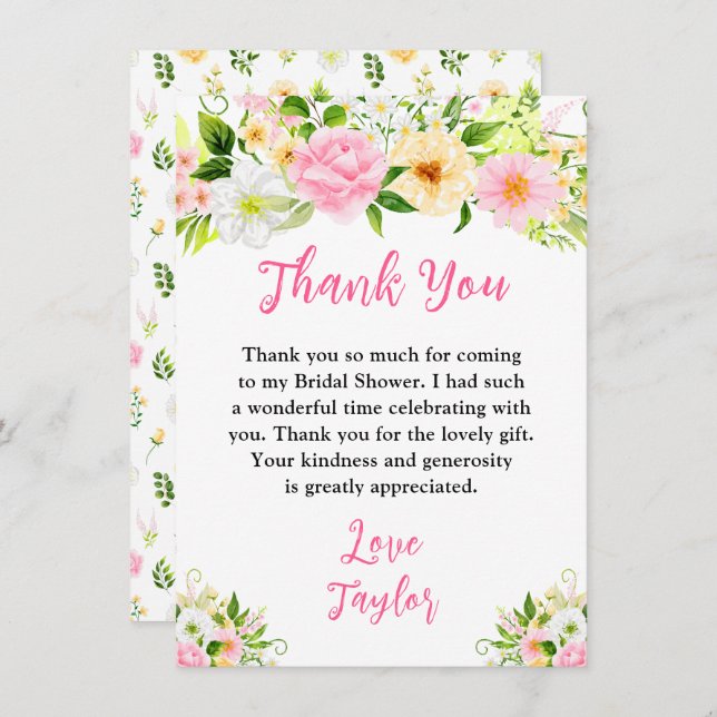 Tarjeta De Agradecimiento Ducha de novias floral veraniega rosa y amarilla (Anverso / Reverso)