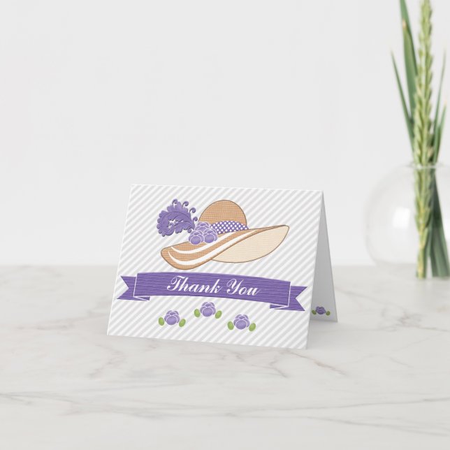 Tarjeta De Agradecimiento Ducha de Regalos de Boda de Sombrero Derby Morado  (Anverso)