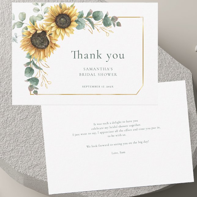 Tarjeta De Agradecimiento Ducha floral elegante de girasoles y eucalipto par (Floral Sunflower Eucalyptus Elegant Bridal Shower Thank You Card)
