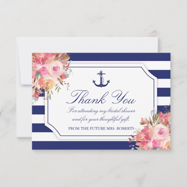 Tarjeta De Agradecimiento Ducha nupcial Anclaje Náutico Floral Banda Azul (Anverso)