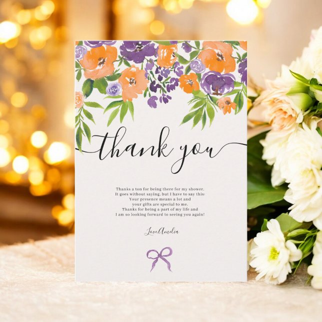 Tarjeta De Agradecimiento Ducha Nupcial Boho Púrpura Naranja Floral Acuarela (Boho Purple Orange Floral Watercolor Bridal Shower Thank You Card)