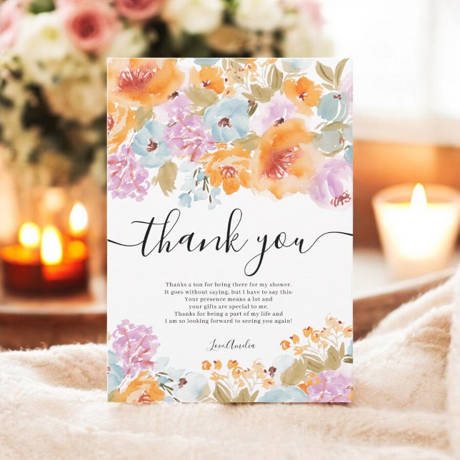 Tarjeta De Agradecimiento Ducha nupcial con acuarela floral Boho pintado a m (Hand-Painted Boho Floral Watercolor Bridal Shower Thank You Card)