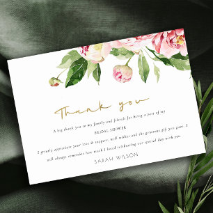 Tarjeta De Agradecimiento Ducha Nupcial de Acuarela Floral Peonía Blush Suav