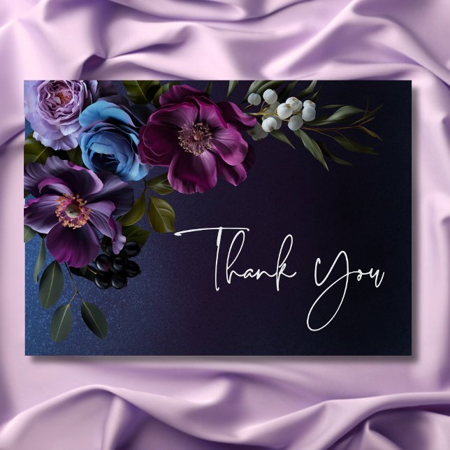 Tarjeta De Agradecimiento Ducha nupcial floral de lavanda azul oscuro Moody (Dark Moody Blue Lavender Floral Bridal Shower Thank You Card)