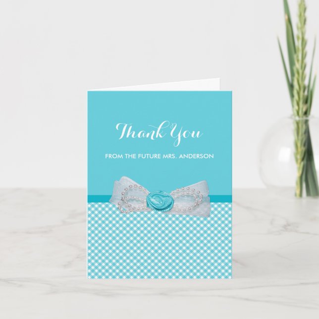 Tarjeta De Agradecimiento Ducha nupcial Gracias Moda Aqua Gingham Cute Bow (Anverso)