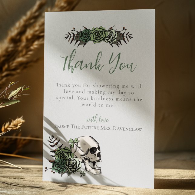 Tarjeta De Agradecimiento Ducha Nupcial Irlandesa de Flores Verdes Grises Ca (Gray Irish Gothic Thank You Card for Bridal Shower or St. Patrick's Day. Hand Drawn Skull & Roses)