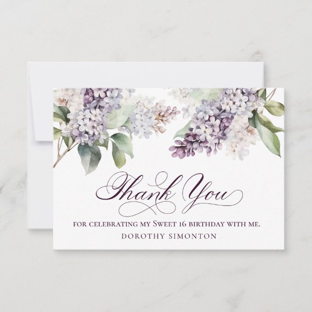 Tarjeta De Agradecimiento Dulce 16 Cumpleaños Morado Lilac Primavera Flor (Anverso)