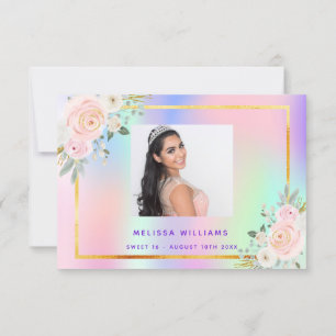 Tarjeta De Agradecimiento Dulce 16 foto rosa morado arco iris floral