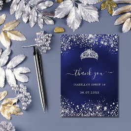 Tarjeta De Agradecimiento Dulce 16 tiara, purpurina de plata azul marino