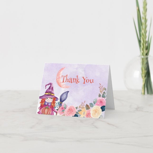 Tarjeta De Agradecimiento Dulce acuarela Floral Calabaza Baby Shower Bruja (Anverso)