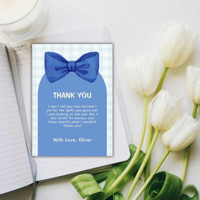Tarjeta De Agradecimiento Dulce Arco Azul de Cuadros a Cuadritos Fiesta de B (Cute Blue Arch Gingham Plaid Bow Boy Baby Shower Thank You Card)