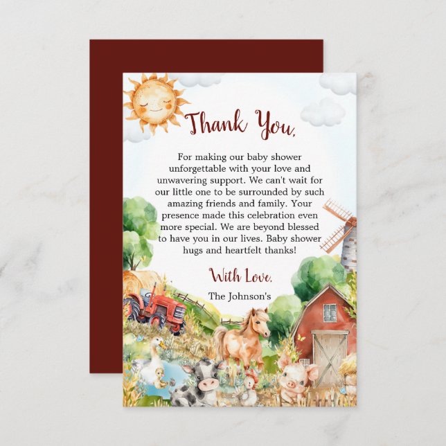 Tarjeta De Agradecimiento Dulce Baby Shower de Granjas en Acuarela (Anverso / Reverso)