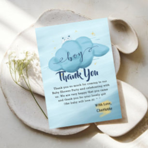 Tarjeta De Agradecimiento Dulce Baby Shower de Niño con Nubes en Acuarela