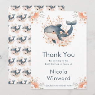 Tarjeta De Agradecimiento Dulce ballena floral Baby Shower